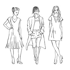 women fashion models, vector sketch style drawing