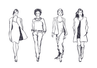 women fashion models, vector sketch style drawing