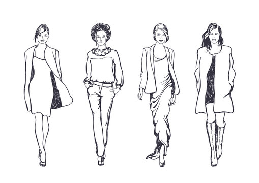 women fashion models, vector sketch style drawing