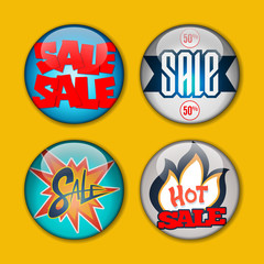 Sale Buttons isolated on the yellow background with shadows. Hot Sale. Set of vector labels.