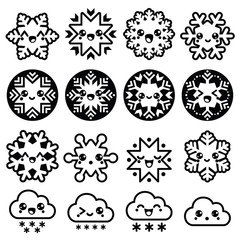 Kawaii snowflakes, clouds with snow - Christmas, winter icons set 