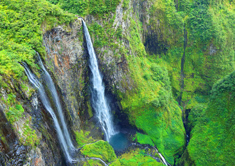 Aerial view to waterfall in rainforest. Cirque Salazie, Reunion Island. - 95813765