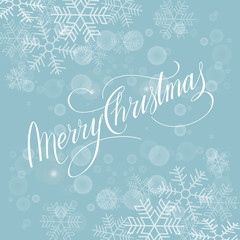 Merry Christmas Vector Illustration. Hand Lettered Text with Snow Symbols on a Blue Background.