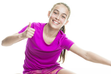 running young girl in sport cothes, white background