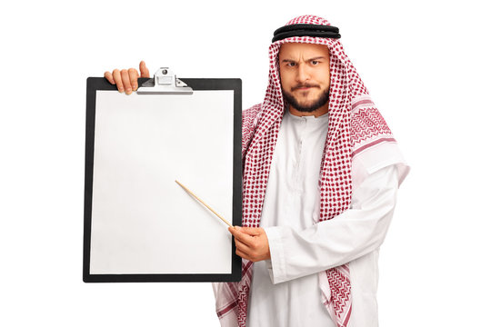 Young grumpy Arab holding a clipboard