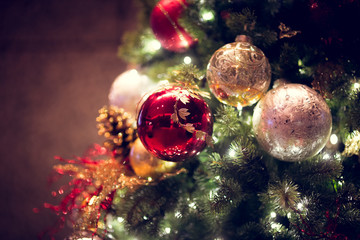 Decoration of Christmas tree close-up 
