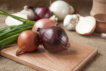  Various onions on a board on a background sacking, burlap
