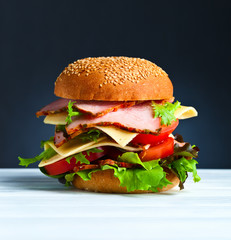 burger with ham and salad