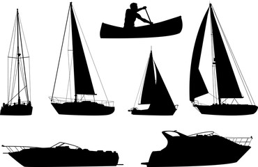 A collection of silhouette illustrations of a variety of different boats including sailboats, motorboats and a canoe.