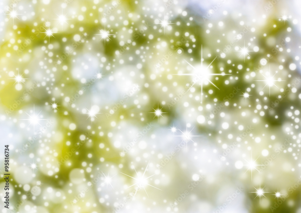 Wall mural christmas background. green holiday abstract glitter defocused background with blinking stars. blurr