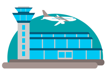 The airport building and the aircraft on the sky background. Vector illustration