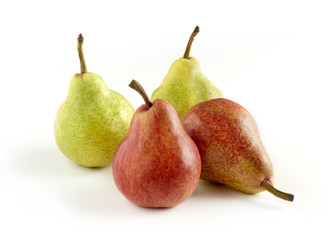 Green and Red Skinned Pears on White Background