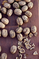 Walnuts on the table in the autumn.