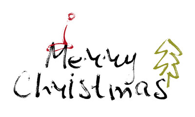 Hand written inscription Merry Christmas on white background with Christmas cap and tree. Design element for banner, card, invitation, label, t-shirt, postcard, poster. Scribble vector illustration.