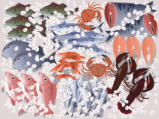 Fish store display, assorted seafood on ice, EPS 8 vector illustration, no transparencies