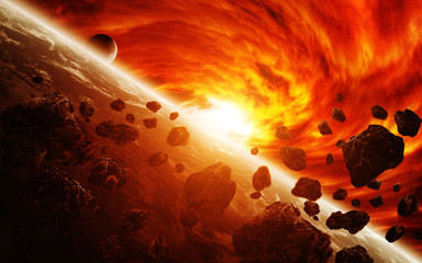 Red nebula in space with planet Earth © sdecoret