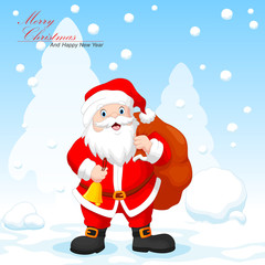 Santa claus with a bag and a bell on snowfall background