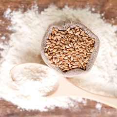Bag with grain on a background of scattered flour