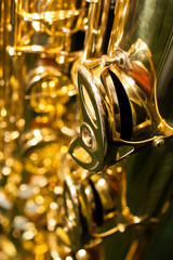 Detail valves saxophone closeup in golden colors