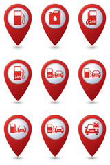 Gas station icons on red map pointers. Vector illustration
