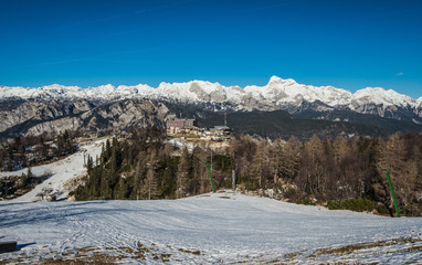 Ski slopes of Vogel, Triglav natural park, Julian Alps, Slovenia, Europe.