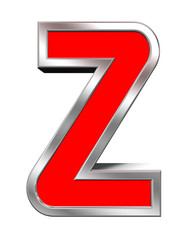 One letter from red with chrome frame alphabet set, isolated on white. Computer generated 3D photo rendering.