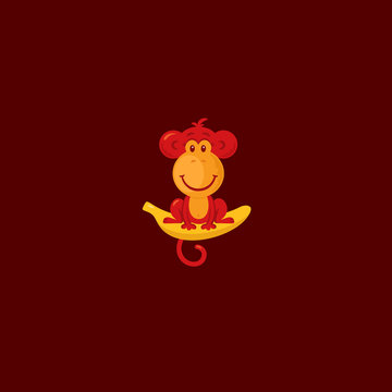 Monkey sitting on a banana. Vector Illustration.