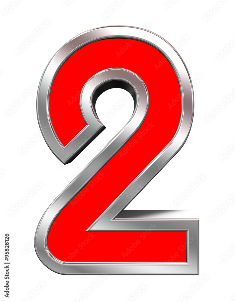 Fototapete one digit from red with chrome frame alphabet set, isolated on white. computer generated 3d photo re