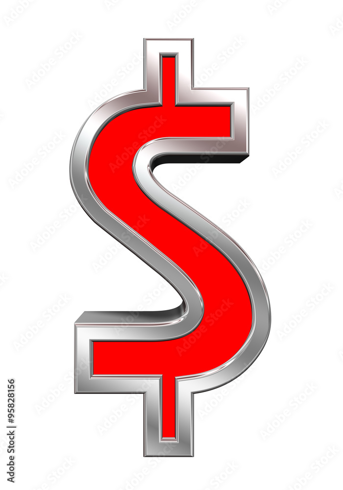 Fototapete dollar sign from red with chrome frame alphabet set, isolated on white. computer generated 3d photo 