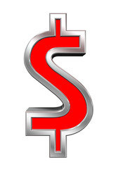 Dollar sign from red with chrome frame alphabet set, isolated on white. Computer generated 3D photo rendering.