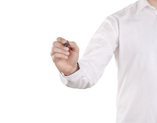 Fototapeta premium Young man writing with black marker on white background. Clipping path included.