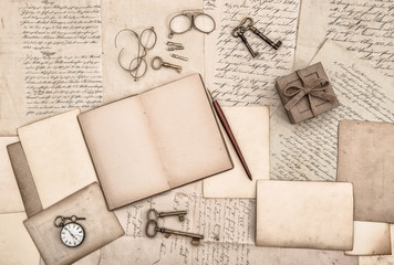 Old handwritten letters and antique writing accessories paper