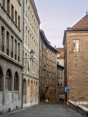 Fototapeta na wymiar A typical street of old Geneva