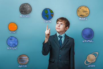 Teenage boy in a serious suit points a finger of the planet of t