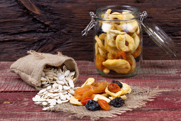 Dried fruits and seeds of pumpkin on a table