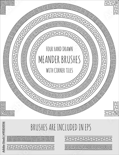 Vector Set Of Four Hand Drawn Four Meander Brushes With Corner Tiles