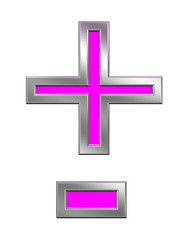 Hyphen, minus, plus marks from pink with chrome frame alphabet set, isolated on white. Computer generated 3D photo rendering.