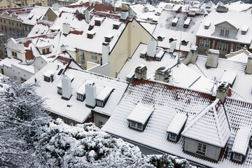 The Look on the snowy Roofs of the old gothic Town Prague, Czech Republic