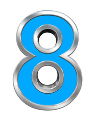 One digit from light blue with chrome frame alphabet set, isolated on white. Computer generated 3D photo rendering.