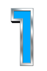 One digit from light blue with chrome frame alphabet set, isolated on white. Computer generated 3D photo rendering.