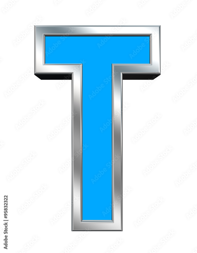 Fototapete one letter from light blue with chrome frame alphabet set, isolated on white. computer generated 3d 