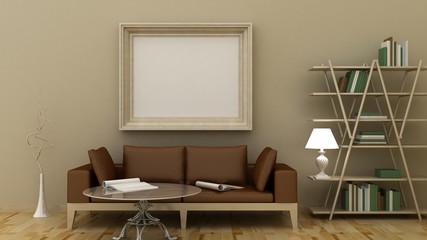 Empty picture frames in classic interior background on the decorative painted wall with wooden floor. Copy space image. 3d render
