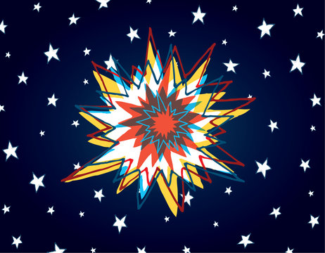 Cartoon big bang or colorful explosion in space