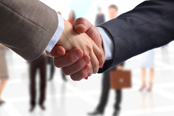 Business handshake. Two businessman shaking hands with each other in the office