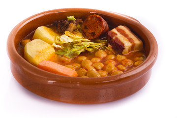 Madrid stew on earthenware pot, spanish food