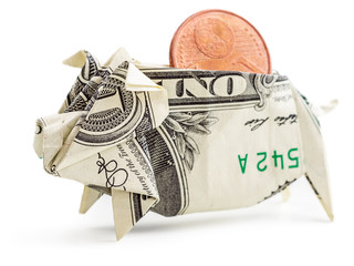 Dollar origami piggy bank isolated