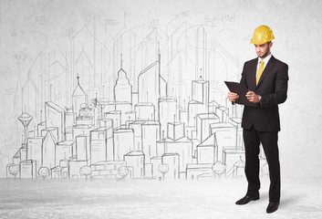 Construction worker with cityscape background