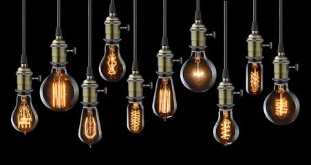 Fotobehang Collection of vintage glowing light bulbs on black © chones