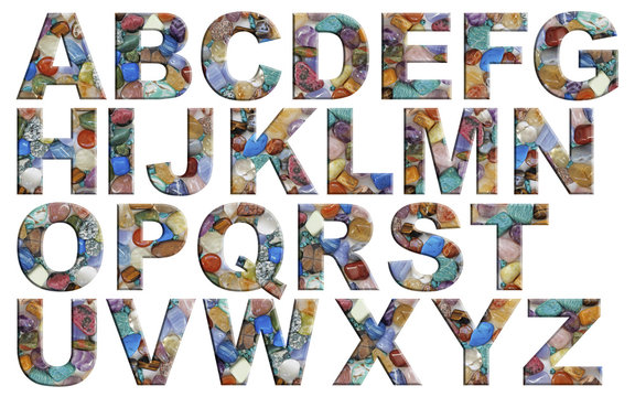 Crystal Tumbled Stones Alphabet Capital letters - A-Z alphabet with a polished tumbled stones theme in capital letters on a white background 