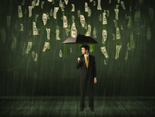 Businessman standing with umbrella in dollar bill rain concept